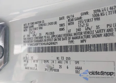 2017 Ford Escape S z USA, uszkodzony, nr VIN 1FMCU0F7XHUA26921